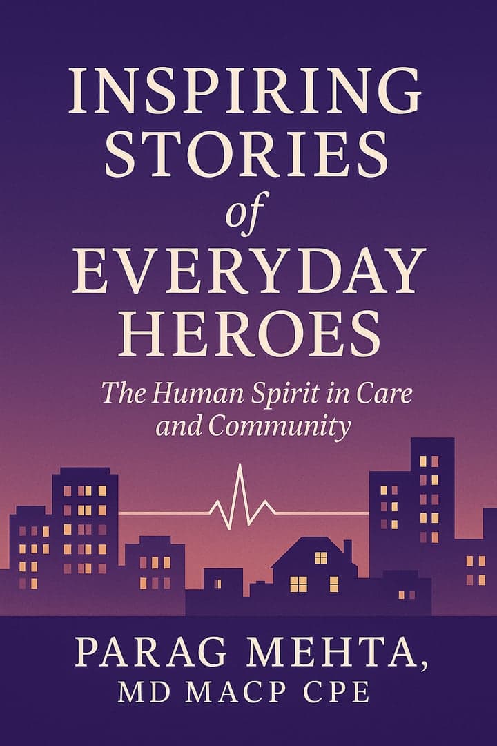 Inspiring Stories of Everyday Heroes — book cover with a city skyline at dusk and a heartbeat line across the horizon