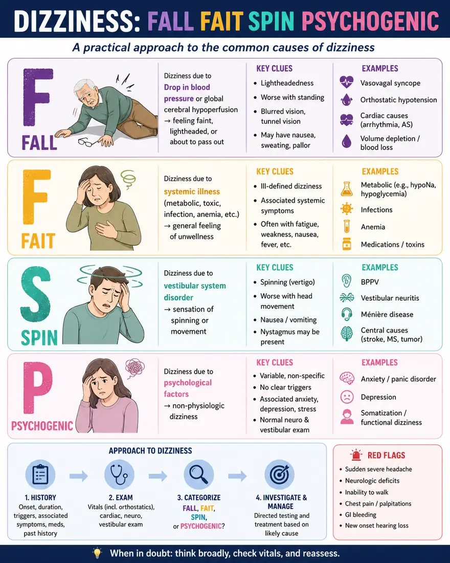 Dizziness: Fall/Faint/Spin/Psych — Practical approach to common causes