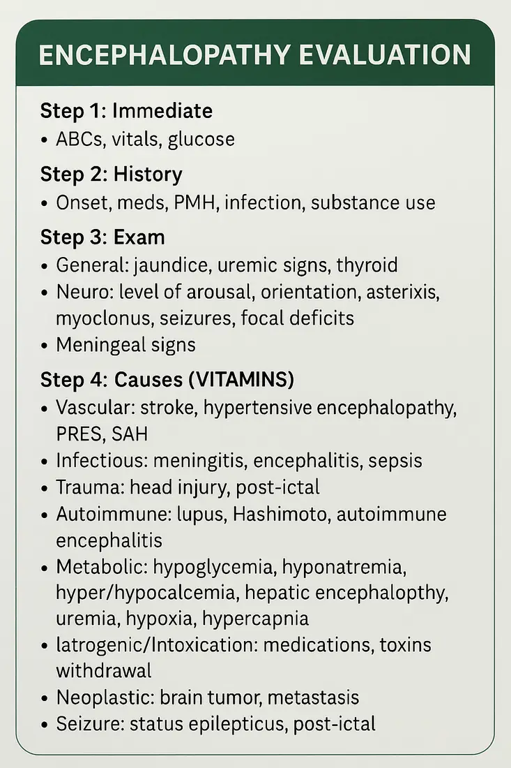 Encephalopathy Evaluation — VITAMINS framework, stepwise approach