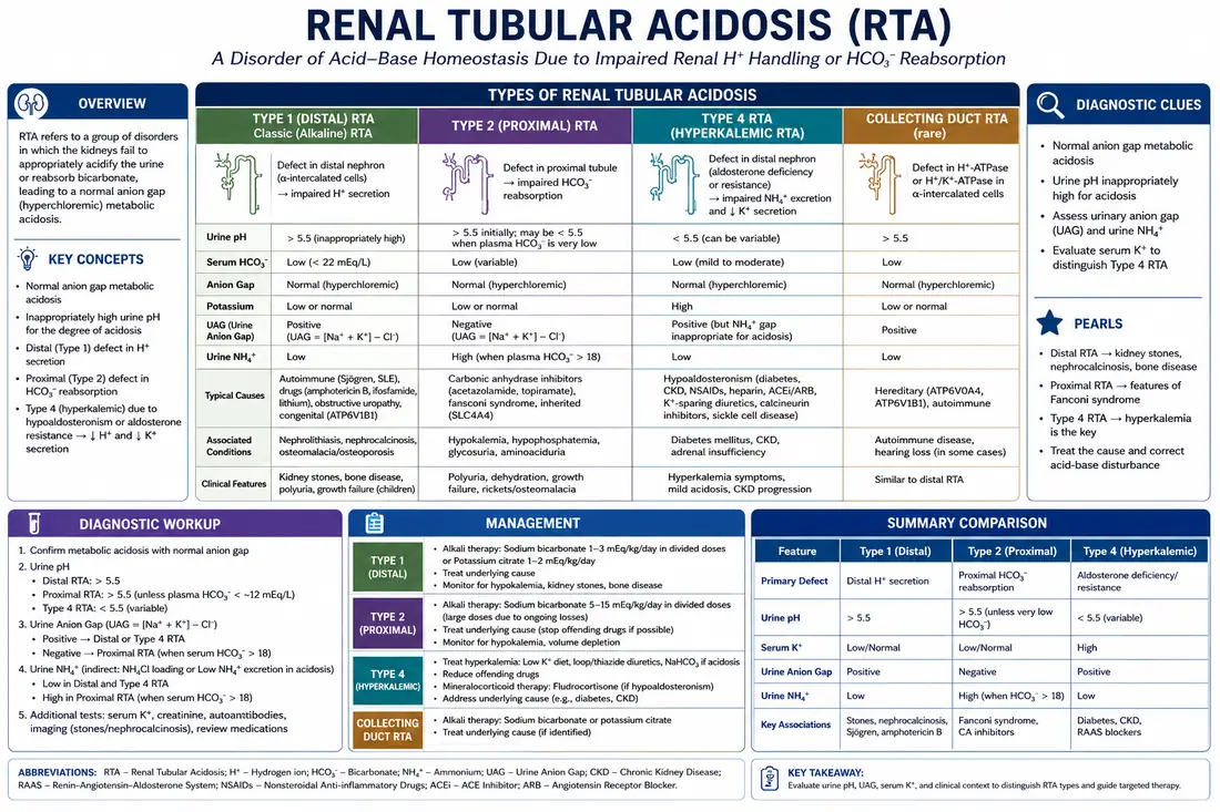 Renal Tubular Acidosis (RTA) — Types 1, 2, 4 and collecting duct