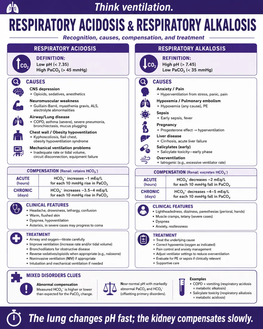 Respiratory Acidosis & Alkalosis — Recognition, causes, compensation, treatment