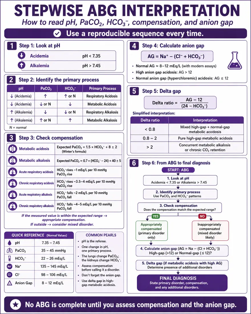 Stepwise ABG Interpretation — Read pH, PaCO₂, HCO₃, compensation, anion gap