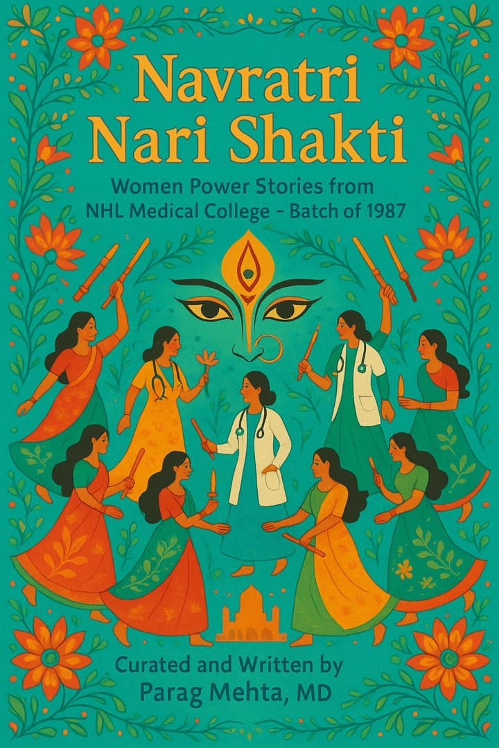 Navratri Nari Shakti — illustrated cover of nine women doctors dancing garba around Durga's eyes